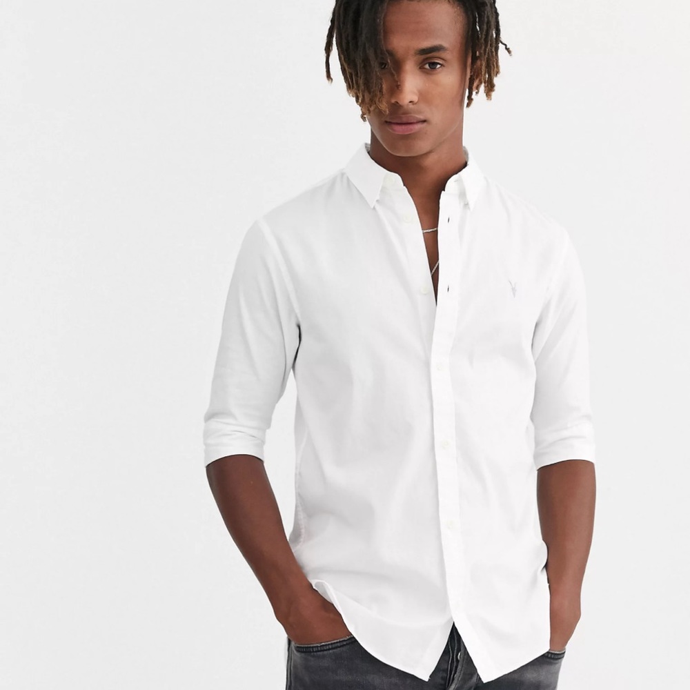 AllSaints WHITE half sleeve button up shirt with ramskull